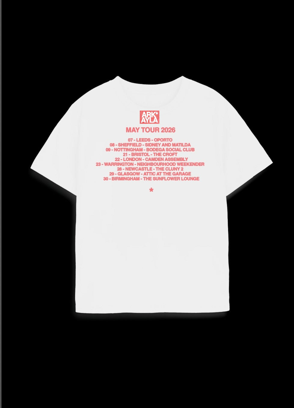 A white short-sleeve t-shirt with red printed text listing the 'ARKAYLA MAY TOUR 2026' tour dates, shown against a solid black background.
